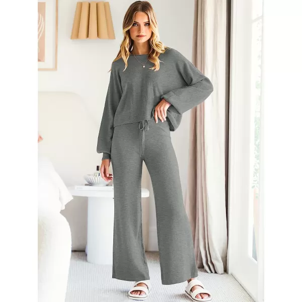 imageANRABESS Womens Two Piece Outfits Sweatsuit Long Lantern Sleeve Crewneck Crop Top with Wide Leg Pants Sweater SetsDark Gray
