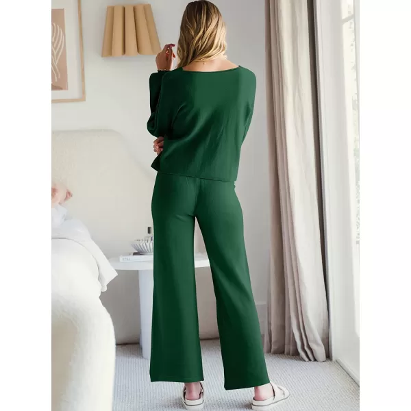 imageANRABESS Womens Two Piece Outfits Sweatsuit Long Lantern Sleeve Crewneck Crop Top with Wide Leg Pants Sweater SetsDeep Green