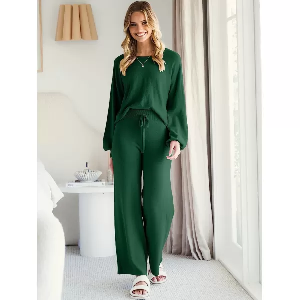 imageANRABESS Womens Two Piece Outfits Sweatsuit Long Lantern Sleeve Crewneck Crop Top with Wide Leg Pants Sweater SetsDeep Green