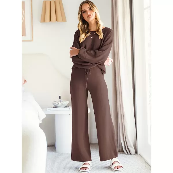 imageANRABESS Womens Two Piece Outfits Sweatsuit Long Lantern Sleeve Crewneck Crop Top with Wide Leg Pants Sweater SetsElegant Coffee