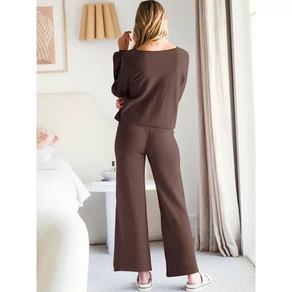 imageANRABESS Womens Two Piece Outfits Sweatsuit Long Lantern Sleeve Crewneck Crop Top with Wide Leg Pants Sweater SetsElegant Coffee