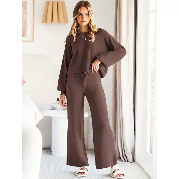 imageANRABESS Womens Two Piece Outfits Sweatsuit Long Lantern Sleeve Crewneck Crop Top with Wide Leg Pants Sweater SetsElegant Coffee