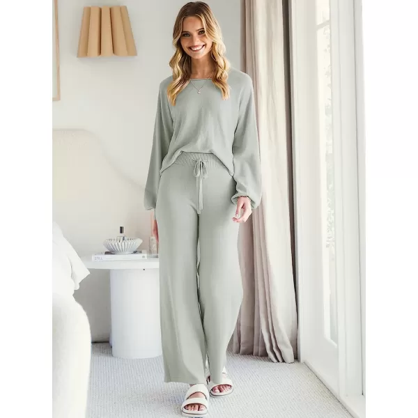 imageANRABESS Womens Two Piece Outfits Sweatsuit Long Lantern Sleeve Crewneck Crop Top with Wide Leg Pants Sweater SetsGray