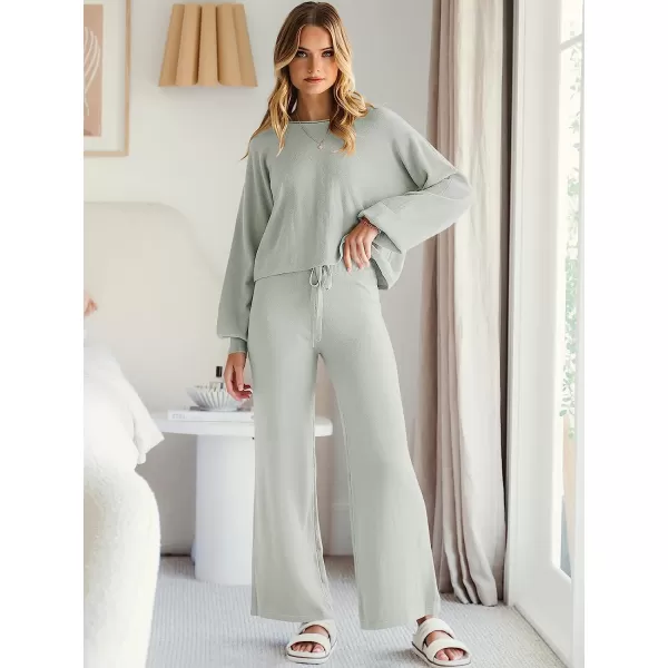 imageANRABESS Womens Two Piece Outfits Sweatsuit Long Lantern Sleeve Crewneck Crop Top with Wide Leg Pants Sweater SetsGray