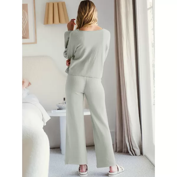 imageANRABESS Womens Two Piece Outfits Sweatsuit Long Lantern Sleeve Crewneck Crop Top with Wide Leg Pants Sweater SetsGray
