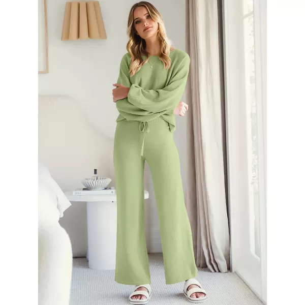imageANRABESS Womens Two Piece Outfits Sweatsuit Long Lantern Sleeve Crewneck Crop Top with Wide Leg Pants Sweater SetsGreen