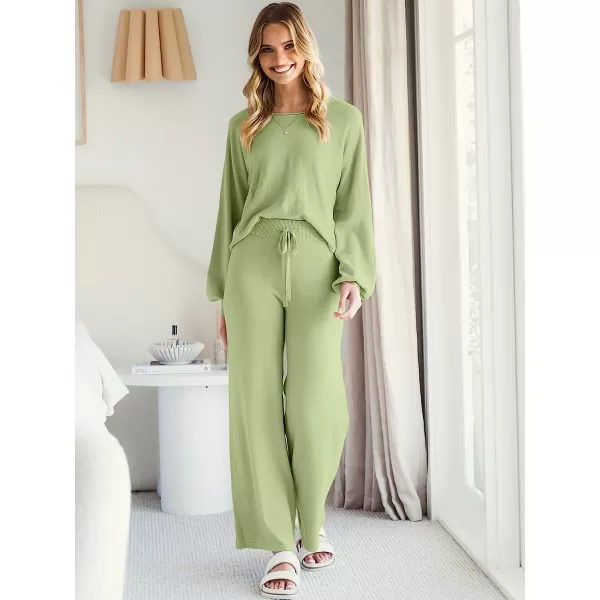 imageANRABESS Womens Two Piece Outfits Sweatsuit Long Lantern Sleeve Crewneck Crop Top with Wide Leg Pants Sweater SetsGreen