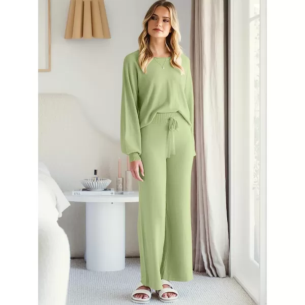 imageANRABESS Womens Two Piece Outfits Sweatsuit Long Lantern Sleeve Crewneck Crop Top with Wide Leg Pants Sweater SetsGreen