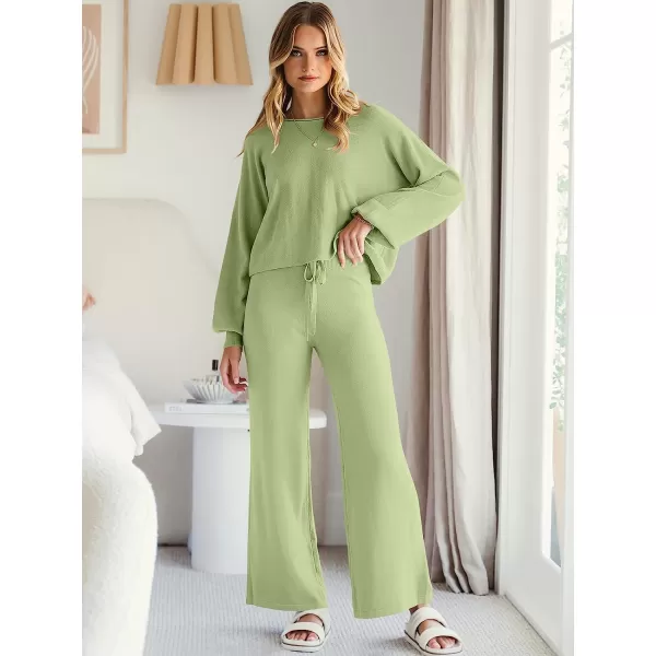 imageANRABESS Womens Two Piece Outfits Sweatsuit Long Lantern Sleeve Crewneck Crop Top with Wide Leg Pants Sweater SetsGreen