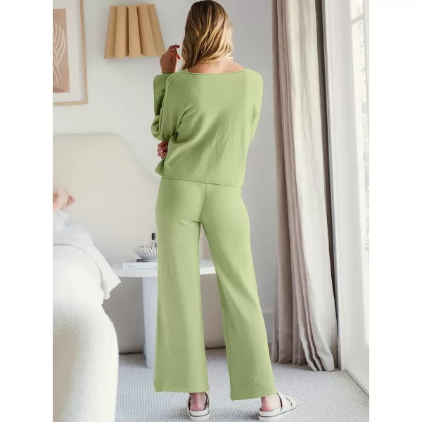 imageANRABESS Womens Two Piece Outfits Sweatsuit Long Lantern Sleeve Crewneck Crop Top with Wide Leg Pants Sweater SetsGreen