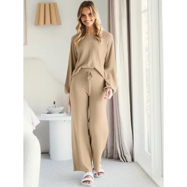 imageANRABESS Womens Two Piece Outfits Sweatsuit Long Lantern Sleeve Crewneck Crop Top with Wide Leg Pants Sweater SetsKhaki