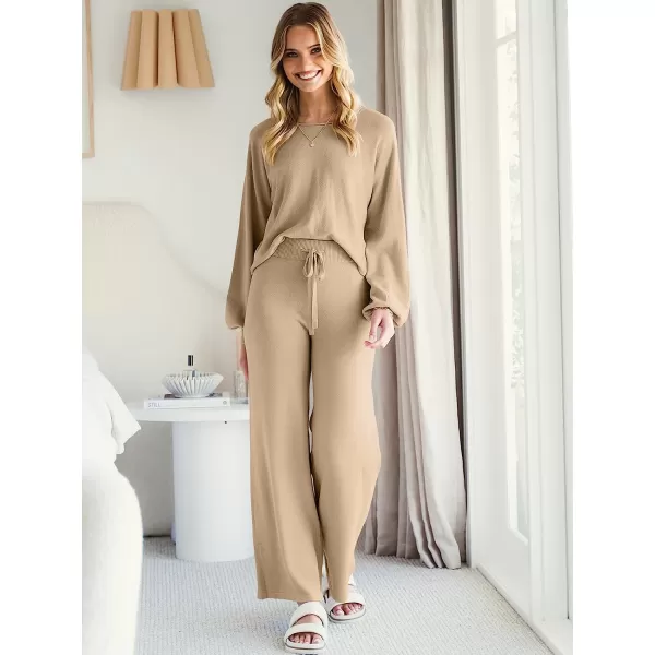 imageANRABESS Womens Two Piece Outfits Sweatsuit Long Lantern Sleeve Crewneck Crop Top with Wide Leg Pants Sweater SetsKhaki