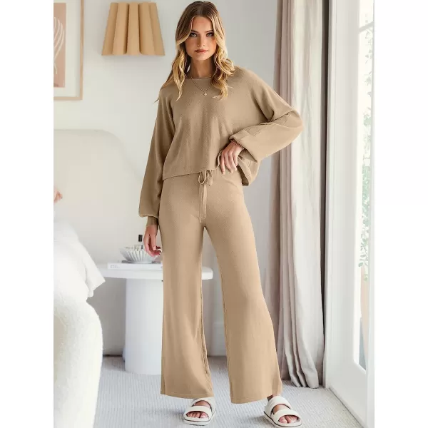 imageANRABESS Womens Two Piece Outfits Sweatsuit Long Lantern Sleeve Crewneck Crop Top with Wide Leg Pants Sweater SetsKhaki