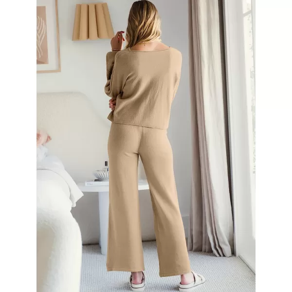 imageANRABESS Womens Two Piece Outfits Sweatsuit Long Lantern Sleeve Crewneck Crop Top with Wide Leg Pants Sweater SetsKhaki