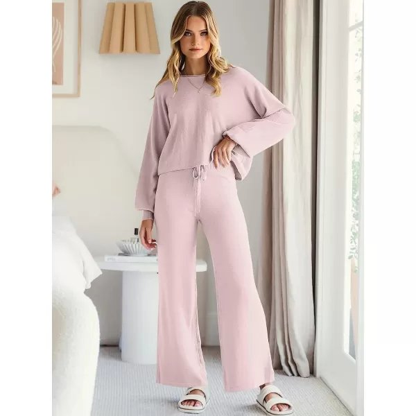 imageANRABESS Womens Two Piece Outfits Sweatsuit Long Lantern Sleeve Crewneck Crop Top with Wide Leg Pants Sweater SetsPink
