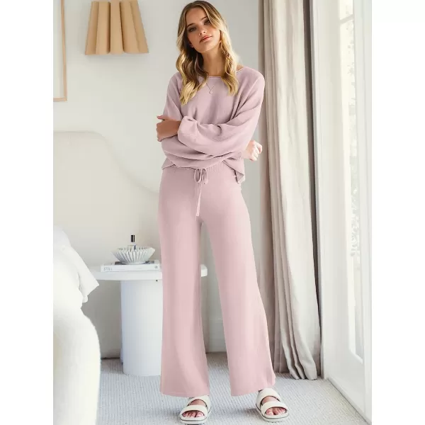 imageANRABESS Womens Two Piece Outfits Sweatsuit Long Lantern Sleeve Crewneck Crop Top with Wide Leg Pants Sweater SetsPink
