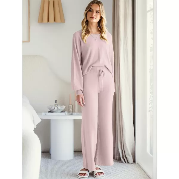 imageANRABESS Womens Two Piece Outfits Sweatsuit Long Lantern Sleeve Crewneck Crop Top with Wide Leg Pants Sweater SetsPink
