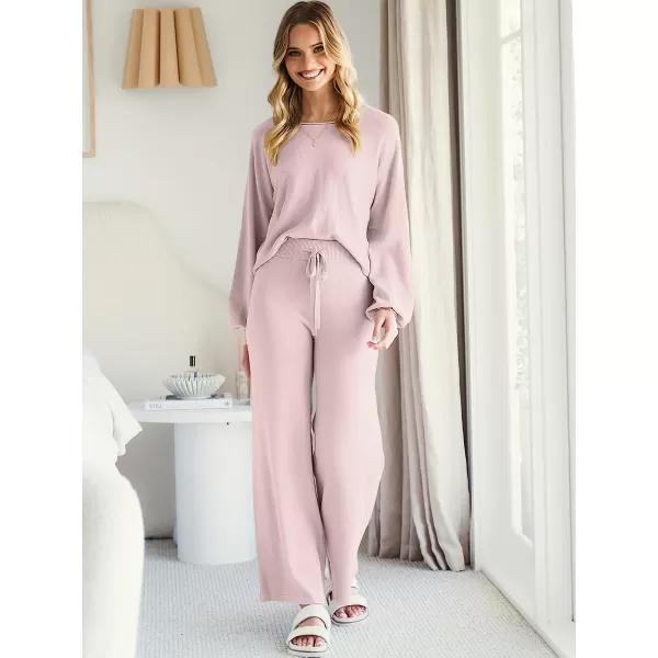 imageANRABESS Womens Two Piece Outfits Sweatsuit Long Lantern Sleeve Crewneck Crop Top with Wide Leg Pants Sweater SetsPink