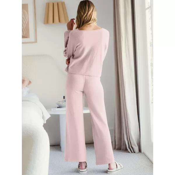 imageANRABESS Womens Two Piece Outfits Sweatsuit Long Lantern Sleeve Crewneck Crop Top with Wide Leg Pants Sweater SetsPink