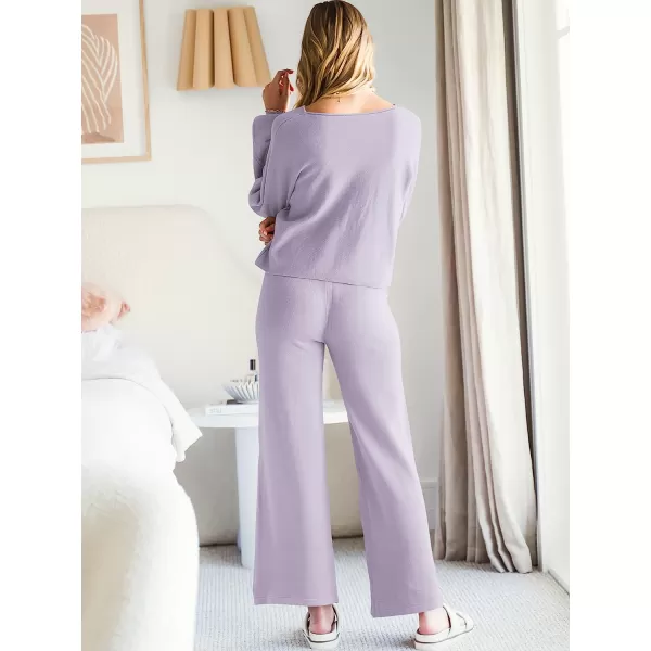 imageANRABESS Womens Two Piece Outfits Sweatsuit Long Lantern Sleeve Crewneck Crop Top with Wide Leg Pants Sweater SetsPurple