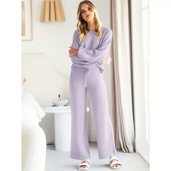 imageANRABESS Womens Two Piece Outfits Sweatsuit Long Lantern Sleeve Crewneck Crop Top with Wide Leg Pants Sweater SetsPurple