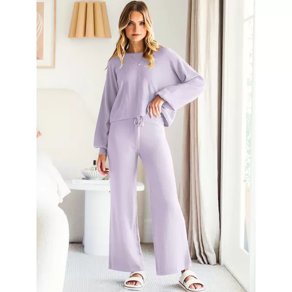 imageANRABESS Womens Two Piece Outfits Sweatsuit Long Lantern Sleeve Crewneck Crop Top with Wide Leg Pants Sweater SetsPurple