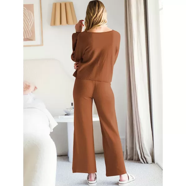 imageANRABESS Womens Two Piece Outfits Sweatsuit Long Lantern Sleeve Crewneck Crop Top with Wide Leg Pants Sweater SetsRed Brown