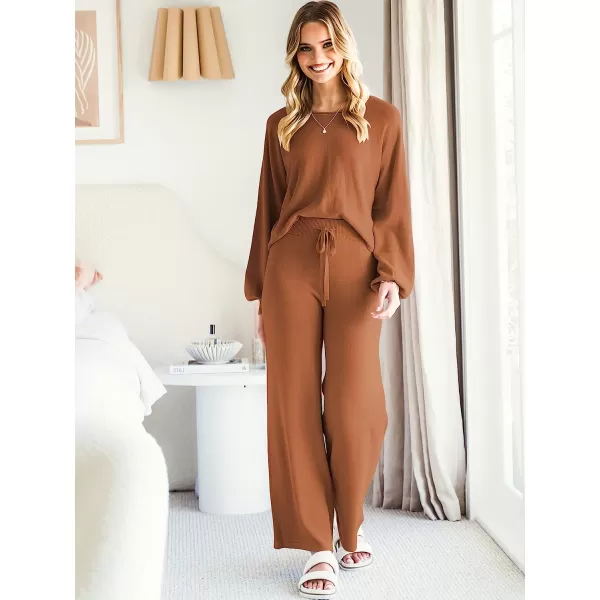imageANRABESS Womens Two Piece Outfits Sweatsuit Long Lantern Sleeve Crewneck Crop Top with Wide Leg Pants Sweater SetsRed Brown