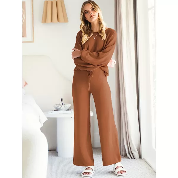 imageANRABESS Womens Two Piece Outfits Sweatsuit Long Lantern Sleeve Crewneck Crop Top with Wide Leg Pants Sweater SetsRed Brown