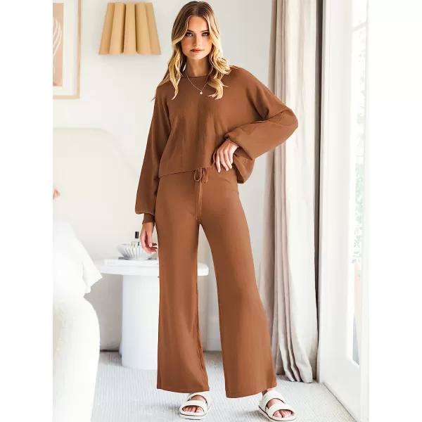 imageANRABESS Womens Two Piece Outfits Sweatsuit Long Lantern Sleeve Crewneck Crop Top with Wide Leg Pants Sweater SetsRed Brown
