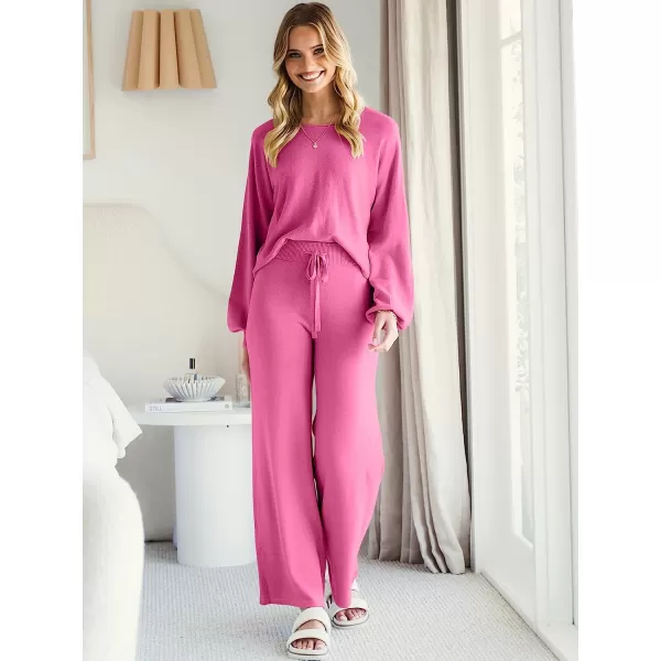 imageANRABESS Womens Two Piece Outfits Sweatsuit Long Lantern Sleeve Crewneck Crop Top with Wide Leg Pants Sweater SetsRose