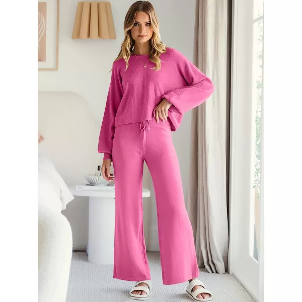 imageANRABESS Womens Two Piece Outfits Sweatsuit Long Lantern Sleeve Crewneck Crop Top with Wide Leg Pants Sweater SetsRose