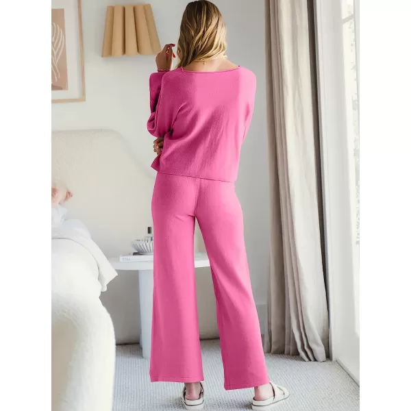 imageANRABESS Womens Two Piece Outfits Sweatsuit Long Lantern Sleeve Crewneck Crop Top with Wide Leg Pants Sweater SetsRose