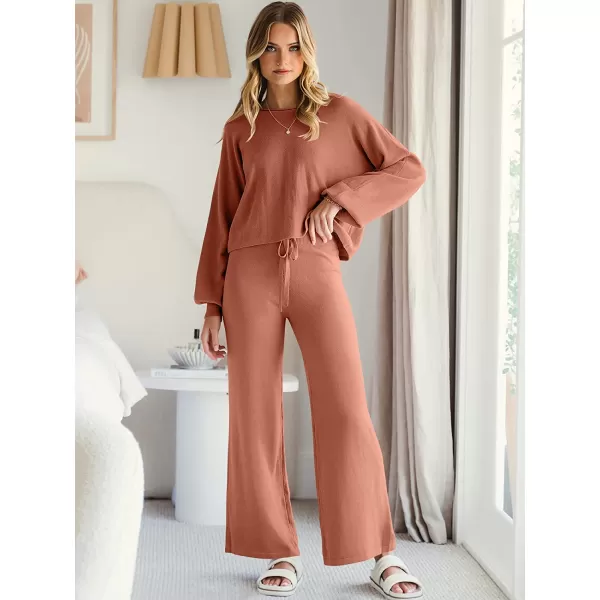imageANRABESS Womens Two Piece Outfits Sweatsuit Long Lantern Sleeve Crewneck Crop Top with Wide Leg Pants Sweater SetsRust