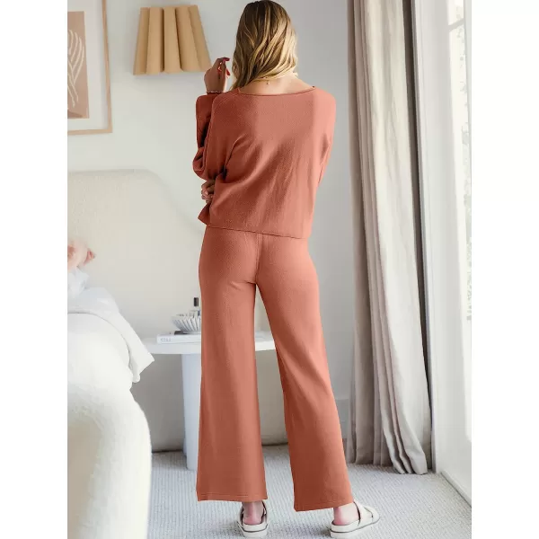 imageANRABESS Womens Two Piece Outfits Sweatsuit Long Lantern Sleeve Crewneck Crop Top with Wide Leg Pants Sweater SetsRust