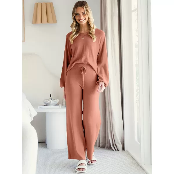 imageANRABESS Womens Two Piece Outfits Sweatsuit Long Lantern Sleeve Crewneck Crop Top with Wide Leg Pants Sweater SetsRust