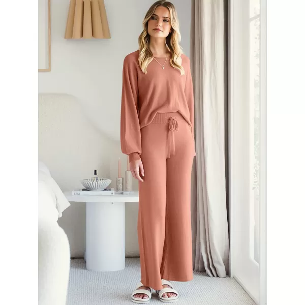 imageANRABESS Womens Two Piece Outfits Sweatsuit Long Lantern Sleeve Crewneck Crop Top with Wide Leg Pants Sweater SetsRust