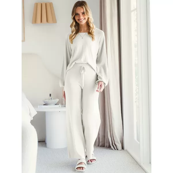 imageANRABESS Womens Two Piece Outfits Sweatsuit Long Lantern Sleeve Crewneck Crop Top with Wide Leg Pants Sweater SetsWhite