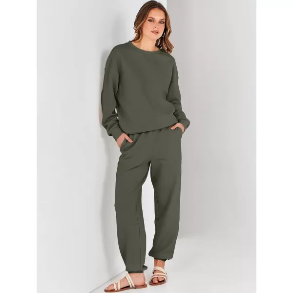 imageANRABESS Womens Two Piece Outfits Sweatsuit Lounge Matching Sets Sweatshirt Jogger Pants Sweat Set TracksuitArmy Green