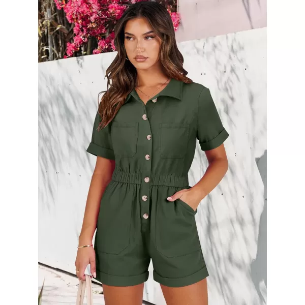 imageANRABESS Womens Utility Short Jumpsuits Cotton Cargo Rompers Button Down Denim Overalls with PocketsArmy Green
