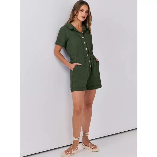 imageANRABESS Womens Utility Short Jumpsuits Cotton Cargo Rompers Button Down Denim Overalls with PocketsArmy Green