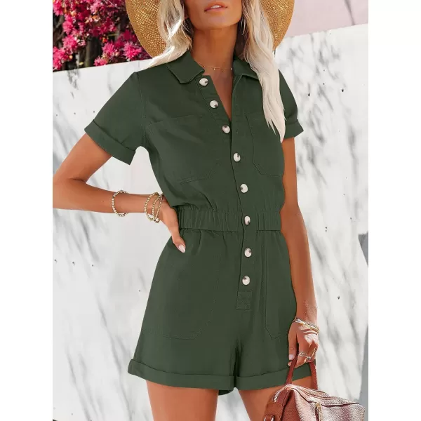 imageANRABESS Womens Utility Short Jumpsuits Cotton Cargo Rompers Button Down Denim Overalls with PocketsArmy Green