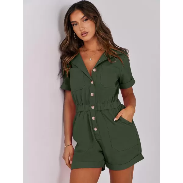 imageANRABESS Womens Utility Short Jumpsuits Cotton Cargo Rompers Button Down Denim Overalls with PocketsArmy Green