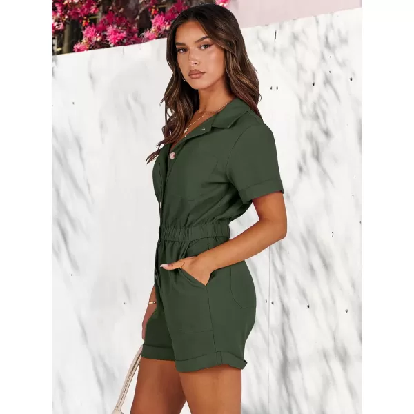 imageANRABESS Womens Utility Short Jumpsuits Cotton Cargo Rompers Button Down Denim Overalls with PocketsArmy Green