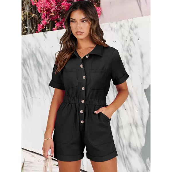imageANRABESS Womens Utility Short Jumpsuits Cotton Cargo Rompers Button Down Denim Overalls with PocketsBlack