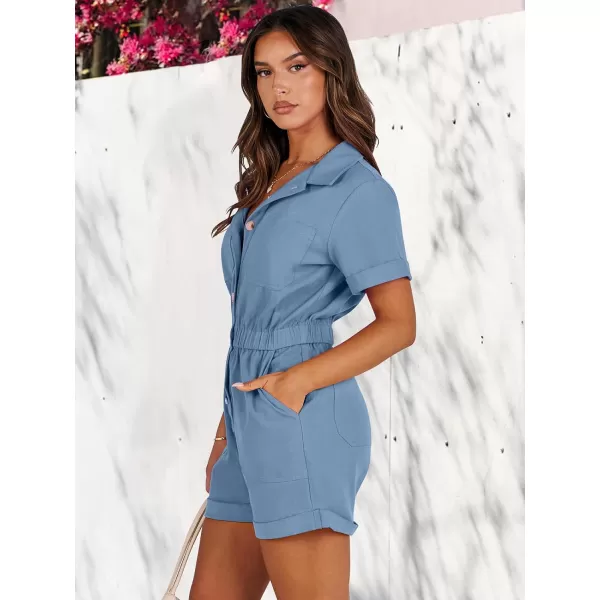 imageANRABESS Womens Utility Short Jumpsuits Cotton Cargo Rompers Button Down Denim Overalls with PocketsDark Blue