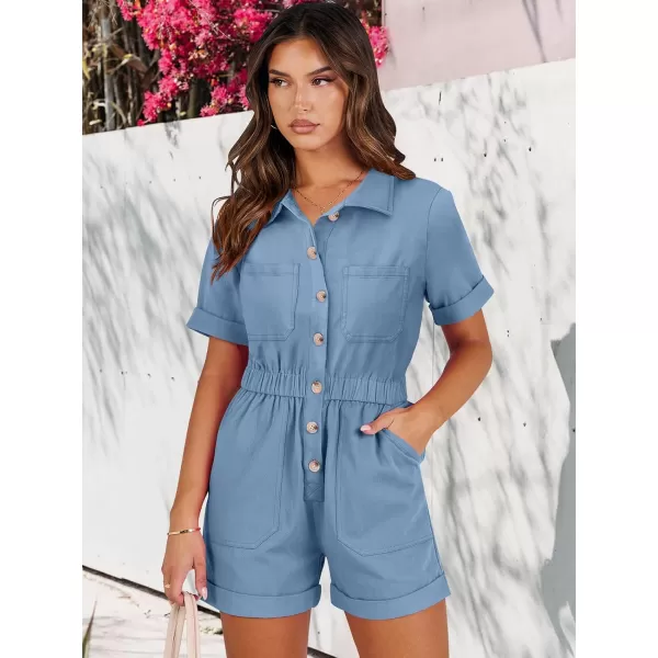 imageANRABESS Womens Utility Short Jumpsuits Cotton Cargo Rompers Button Down Denim Overalls with PocketsDark Blue