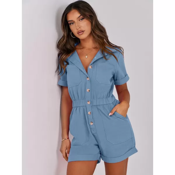 imageANRABESS Womens Utility Short Jumpsuits Cotton Cargo Rompers Button Down Denim Overalls with PocketsDark Blue