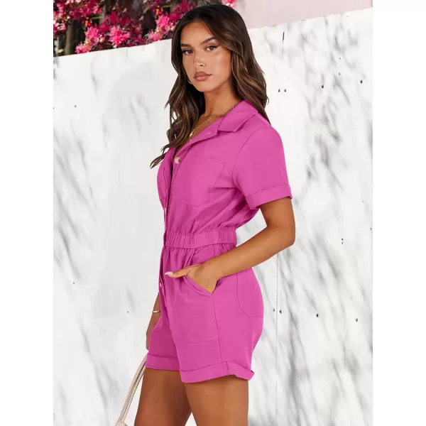 imageANRABESS Womens Utility Short Jumpsuits Cotton Cargo Rompers Button Down Denim Overalls with PocketsHot Pink
