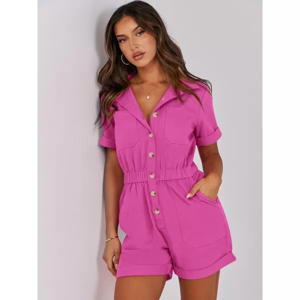 imageANRABESS Womens Utility Short Jumpsuits Cotton Cargo Rompers Button Down Denim Overalls with PocketsHot Pink